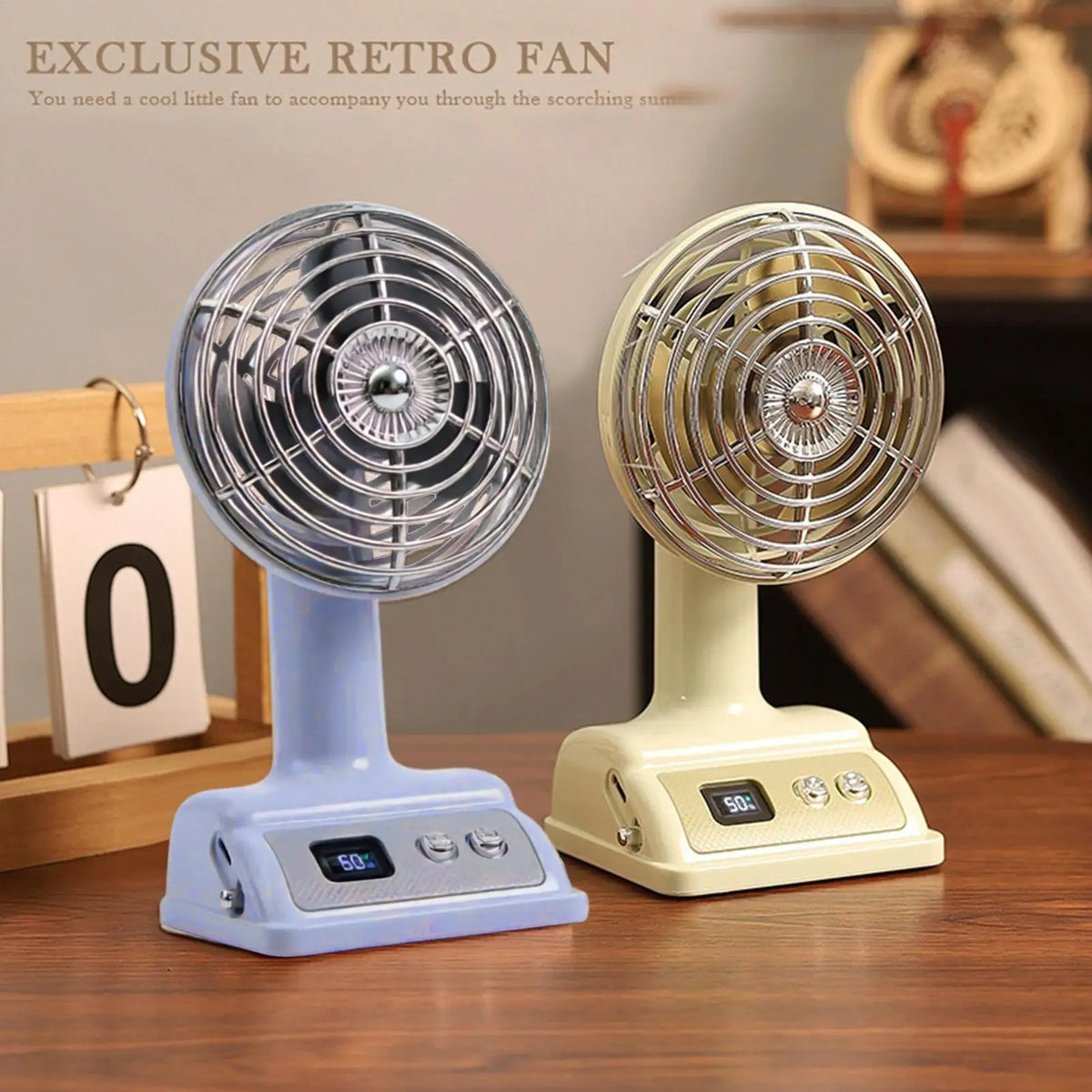 Retro Mini Desk Fan – 100-Speed USB Rechargeable & Digital Display Retro Desk Fan Qst