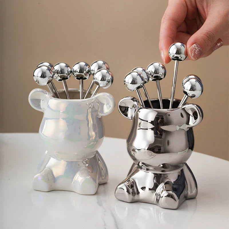 Cute Bear Stainless Steel Dessert Forks with Ceramic Storage Jar Dessert Fork Set Qme