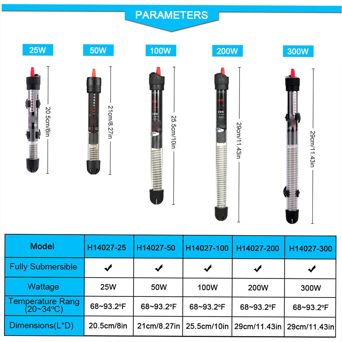 Submersible Aquarium Heater Rod 50W/300W – Fish Tank Temp Control Aquarium Heater Qst