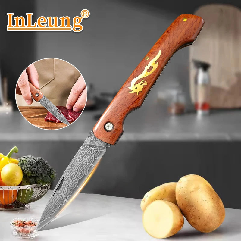 Damascus Steel Folding Boning Knife – Wood Handle, 8.2" Blade Folding Kitchen Knife Qst