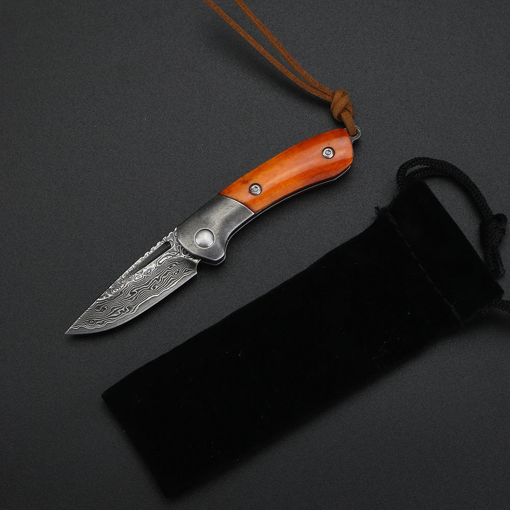 XUAN FENG Mini Damascus Steel Folding Pocket Knife HRC59 Folding Pocket Knife Qst Red