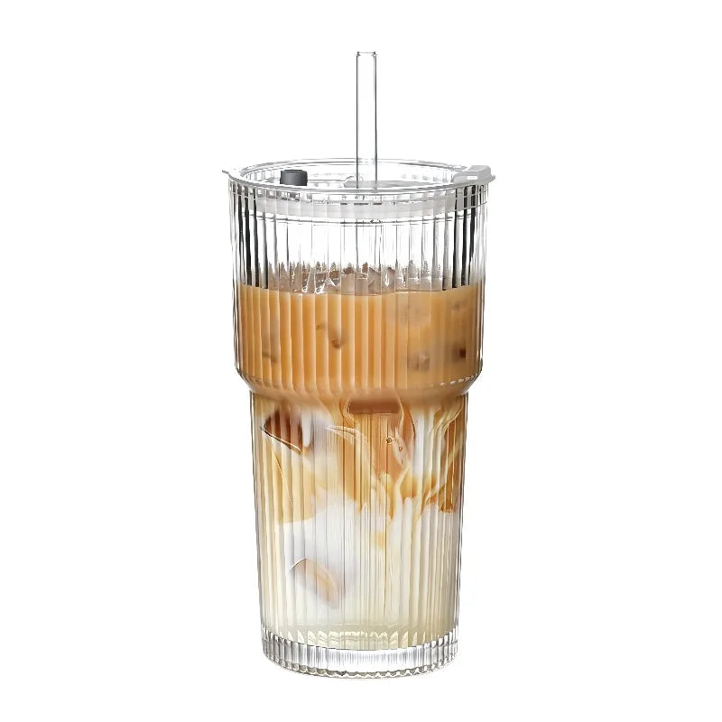 Striped Glass Coffee Cup with Lid & Straw – Large Capacity Glass Coffee Cup Qme 600ml 400-600ml