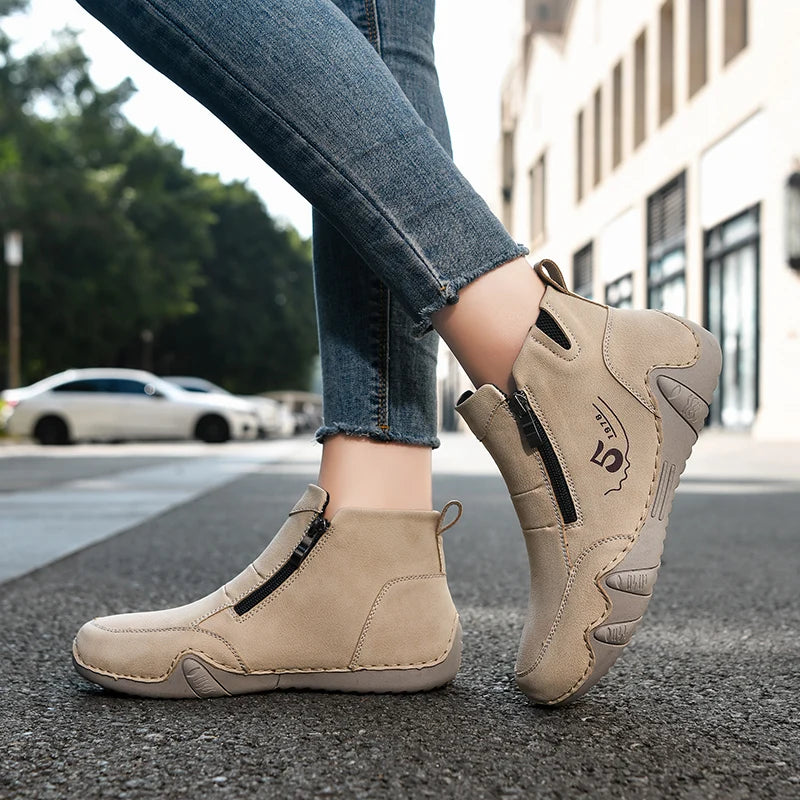 Women's Split Leather Ankle Boots – Flat Zip-Up Casual Boots Women's Ankle Boots Qst