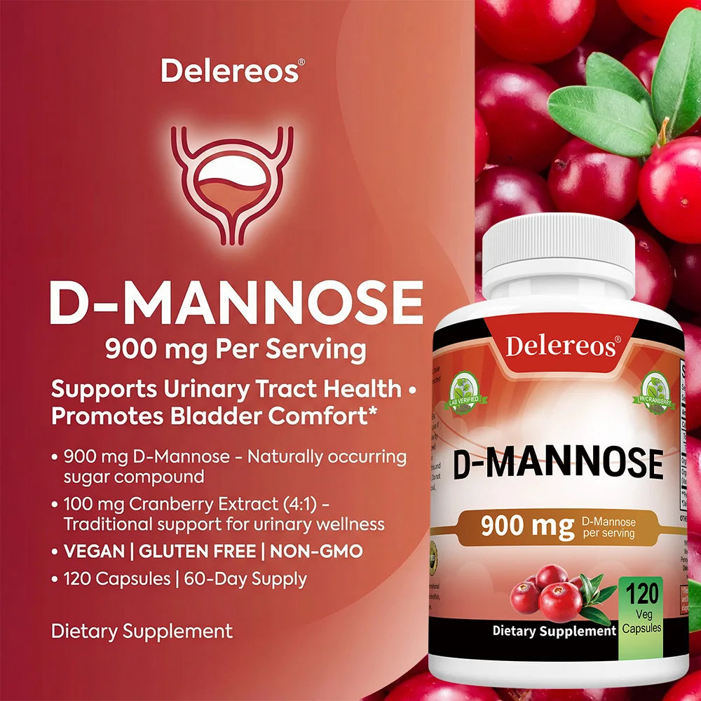 Organic D-Mannose 900mg + Cranberry – 120 Vegan Capsules Dietary Supplement Qst