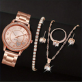 Women's Fashion Steel Belt Watch & Jewelry Set – 6 Pcs Women's Watch Set Qme Rose Gold Set