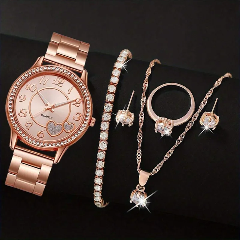 Women's Fashion Steel Belt Watch & Jewelry Set – 6 Pcs Women's Watch Set Qme Rose Gold Set