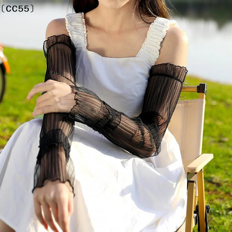 Women's UPF 50+ Sun Sleeves Fingerless Lace Mesh Arm Covers UV Arm Sleeves Qst