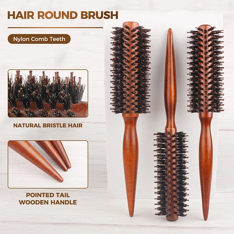Anti-Static Boar Bristle Wood Round Hair Brush | Styling Round Hair Brush Qme