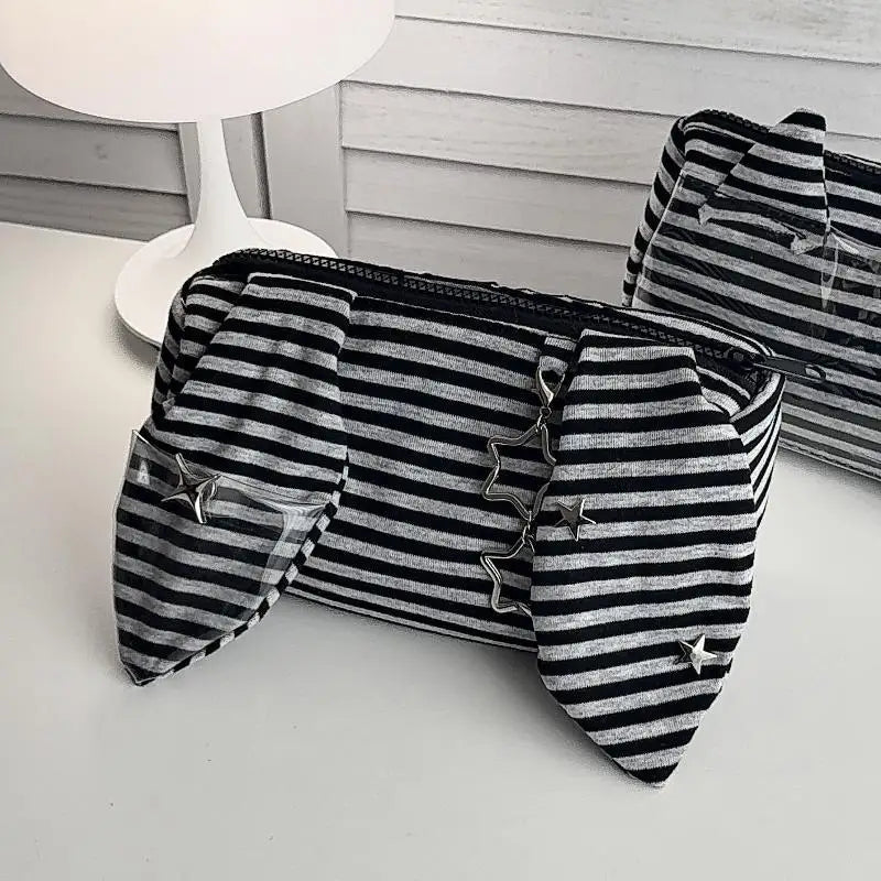Striped Devil Horn Pencil Case – Large Capacity Fabric Pouch Pencil Case Pouch Qme