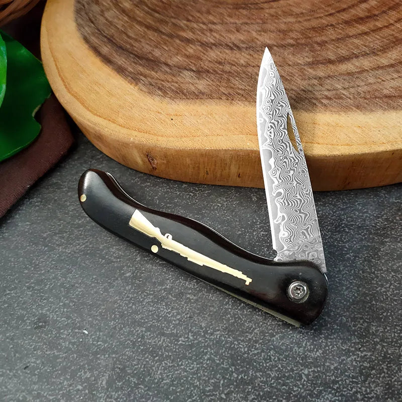 Damascus VG10 Folding Kitchen Knife – Wood Handle | InLeung Folding Kitchen Knife Qst