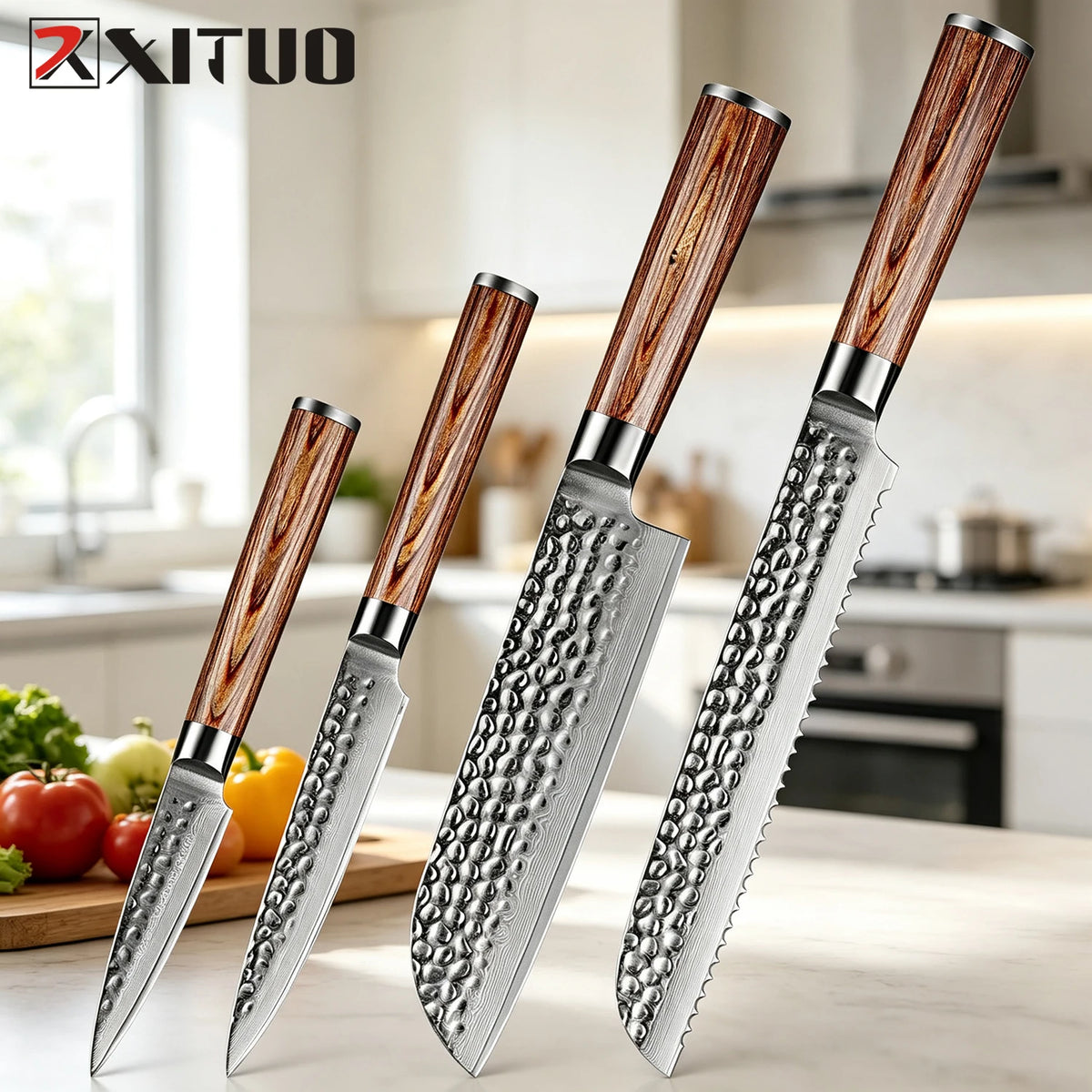 XITUO Damascus Steel Kitchen Knife Set – Gold Wood Handle Kitchen Knife Set Qst 4PCS Knife
