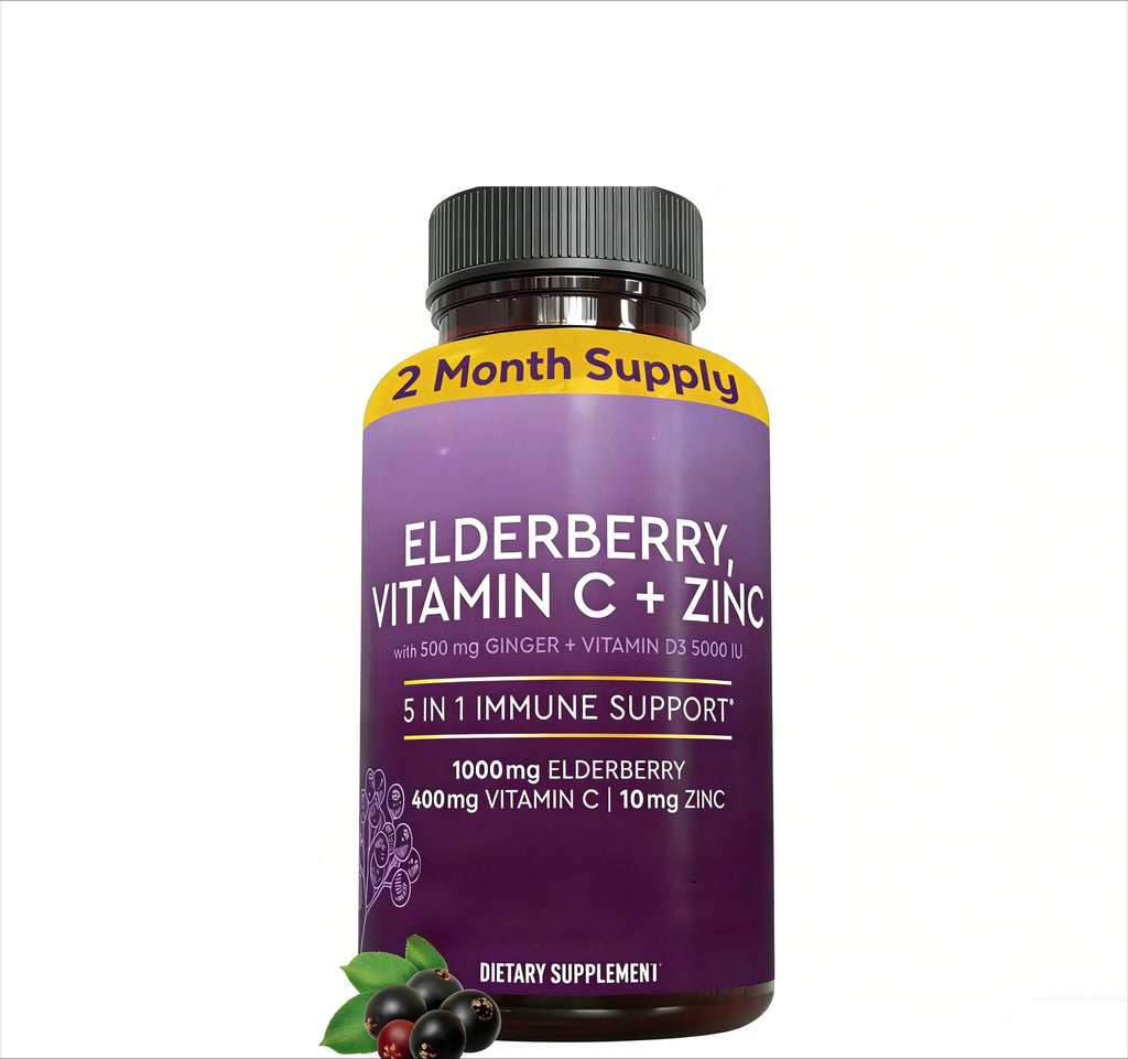 Elderberry Capsules with Vitamin C, Zinc, D3 & Ginger Herbal Supplement Qst 60 Count(Pack of 1)