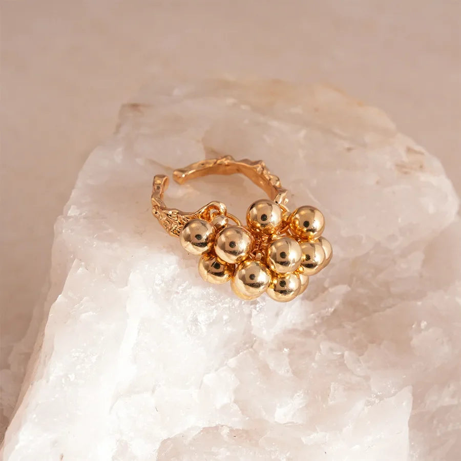 Vintage Metal Bead Ball Open Ring for Women – Irregular Style Fashion Statement Ring Qme jin resizable