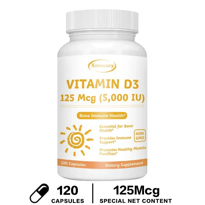 Xemenry Vitamin D3 5000 IU – Immune & Bone Support Vitamin D Supplement Qst 120 Capsules