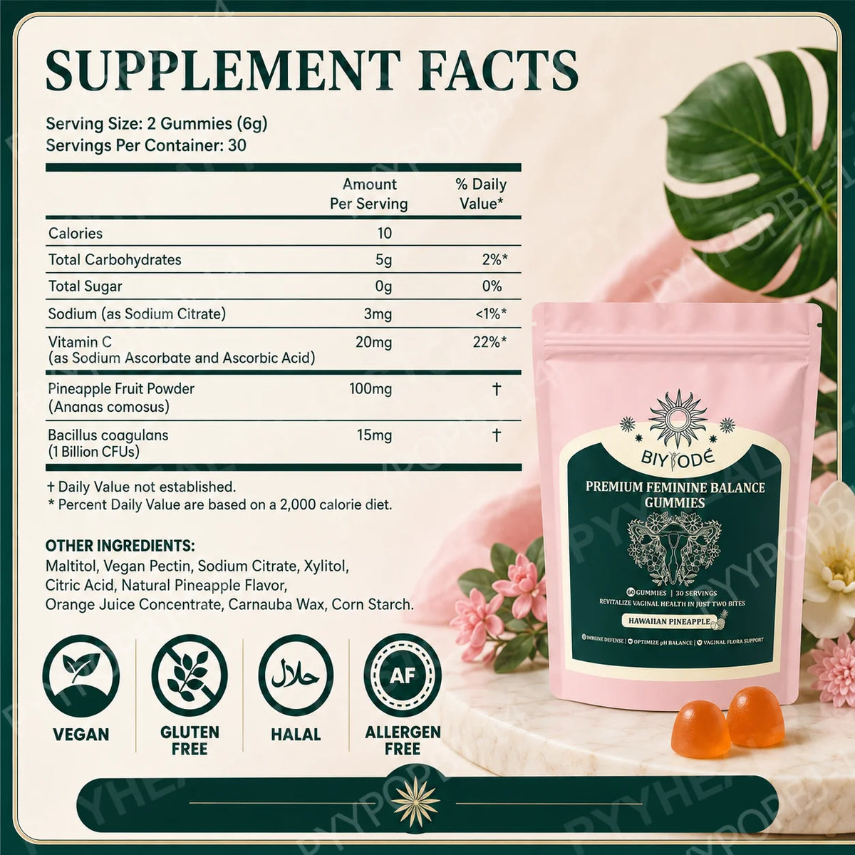 Biyode Women's Probiotic Gummies – Pineapple, 60 Count Probiotic Gummies Qst