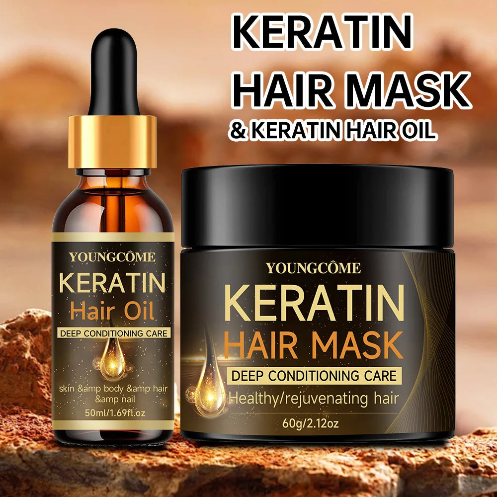 YOUNGCOME Keratin Hair Mask Set – Deep Conditioner & Essential Oil Keratin Hair Mask Set Qst 60G-50ML