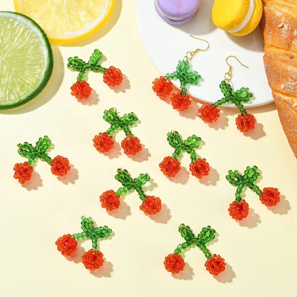 3D Red Cherry Glass Seed Bead Dangle Charms for DIY Jewelry Beaded Dangle Charms Qme