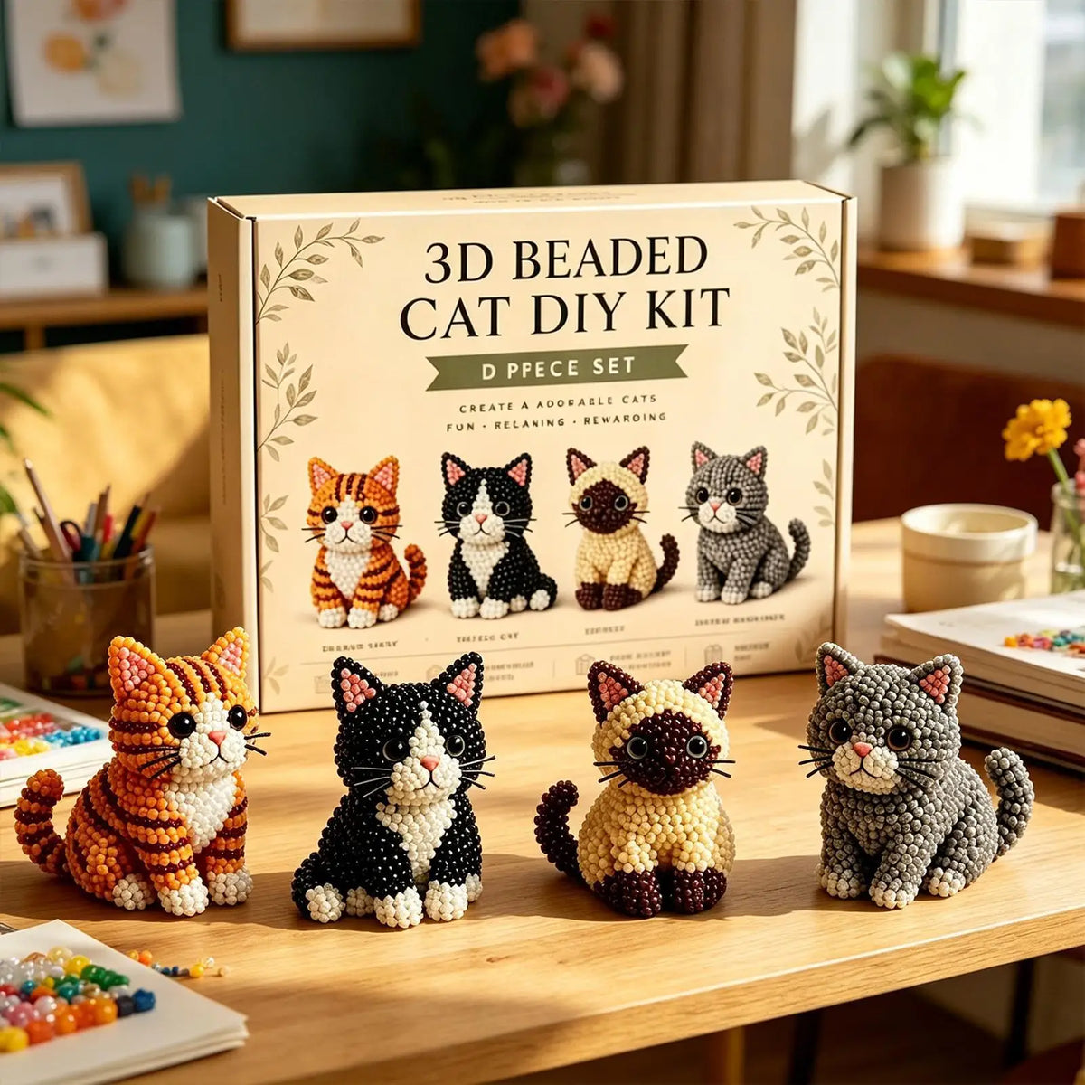 3D Cat DIY Beading Kit – Beginner-Friendly Desk Décor Craft DIY Beading Kit Qme