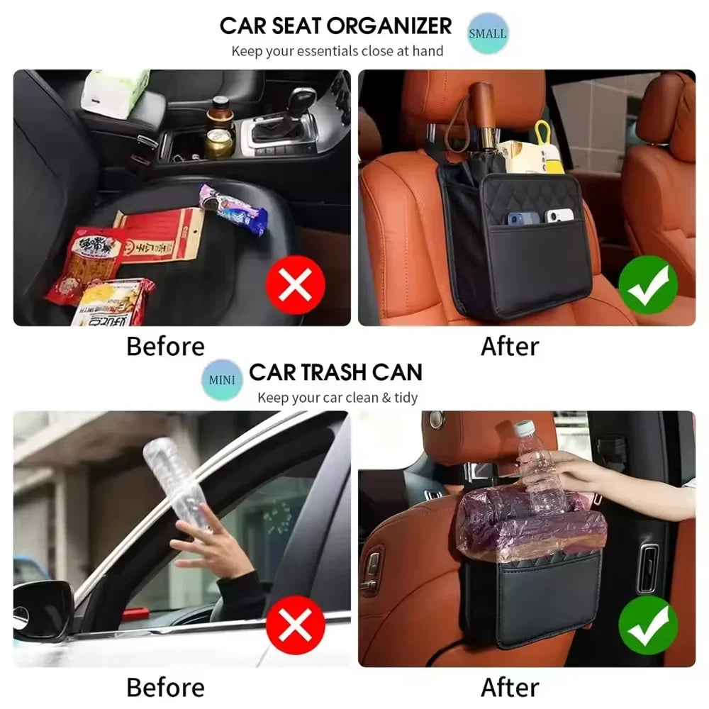 Leather Car Seat Back Organizer | Multi-Pocket & Trash Holder Car Seat Organizer Qme