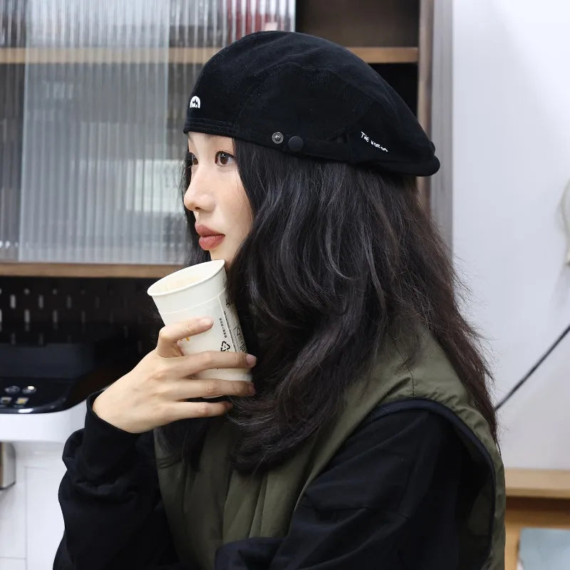 Embroidered Corduroy Beret Hat | Autumn Winter Trendy Cap Corduroy Beret Hat Qme