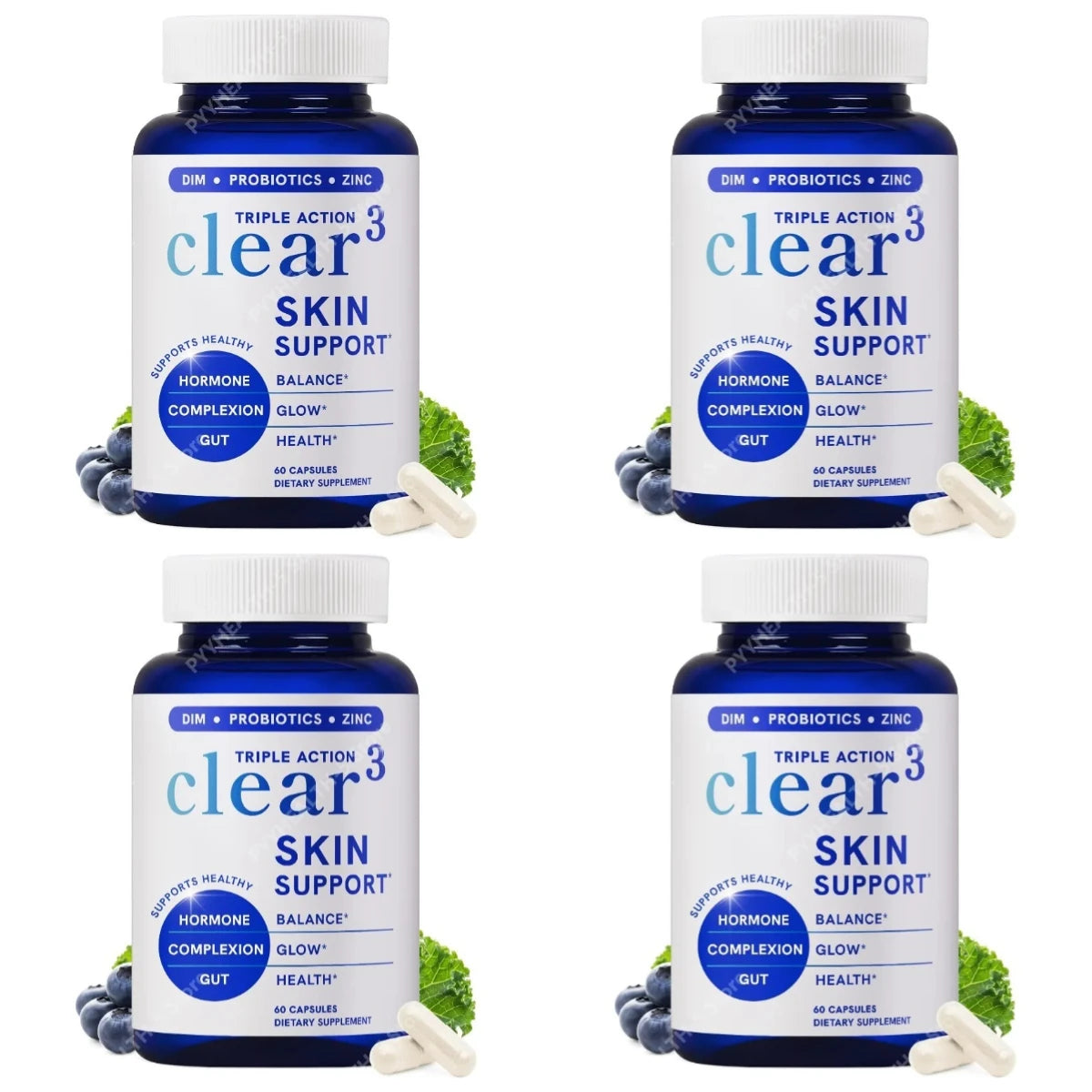 Clear³ Skin Supplement with DIM, Probiotics & Zinc – 60 Capsules Skin Support Supplement Qst 240 Count(Pack of 4)