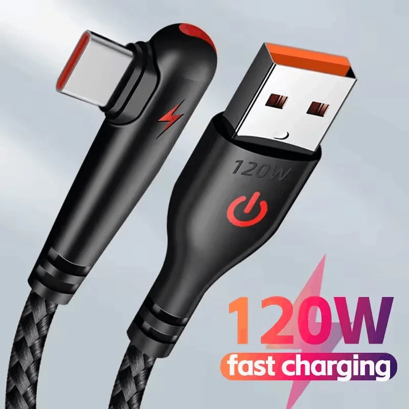 120W USB-C Braided Elbow Fast Charging Cable – iPhone & Samsung USB-C Charging Cable Qme