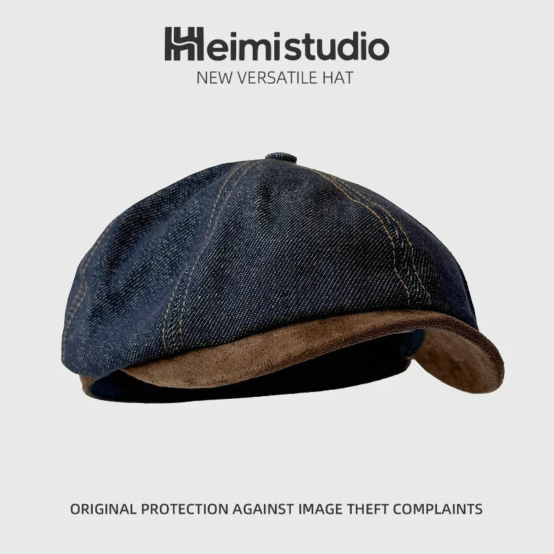 Washed Distressed Denim Patchwork Beret Painter Hat Painter Beret Hat Qme