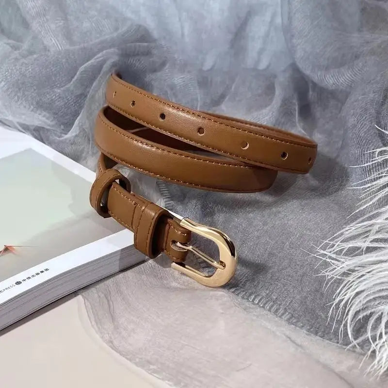 Women's 2cm PU Leather Belt – Western Metal Buckle Slim Fashion Belt Qst