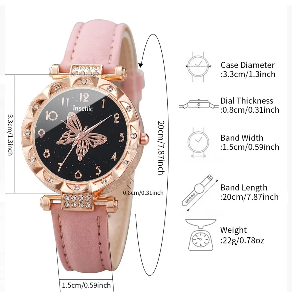 Women's Rhinestone Butterfly Dial Leather Bracelet Quartz Watch Women's Fashion Watch Qme