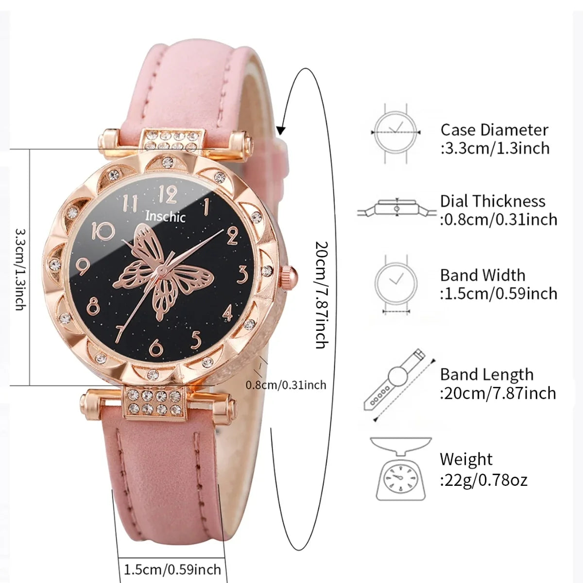 Women's Rhinestone Butterfly Dial Leather Bracelet Quartz Watch Women's Fashion Watch Qme
