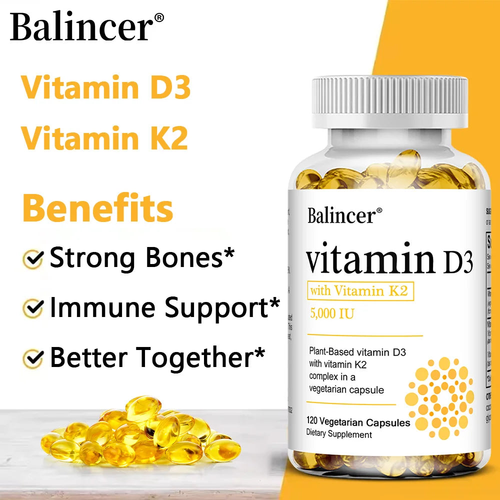 Vitamin D3 5000IU + K2 MK7 1100mcg Vegan Capsules | Bone & Heart Vitamin Supplement Qst