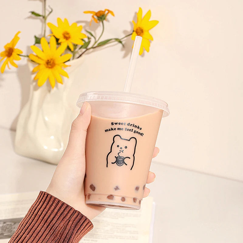 Kawaii Transparent Plastic Cup with Straw Lid – Reusable Reusable Straw Cup Qst