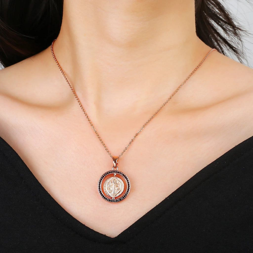 St. Benedict Rotating Zirconia Pendant Necklace | Lucky Amulet Pendant Necklace Qme