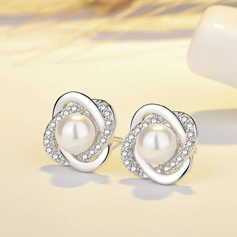 925 Sterling Silver Pearl Crystal Stud Earrings for Women Pearl Crystal Stud Earrings Qme