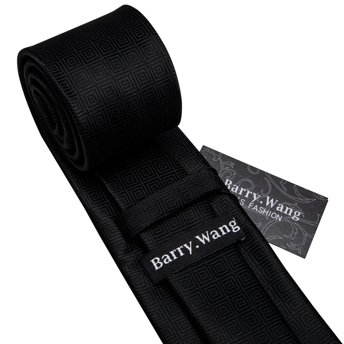 Barry Wang Black Geometric Silk Necktie & Handkerchief Set Necktie & Handkerchief Set Qme