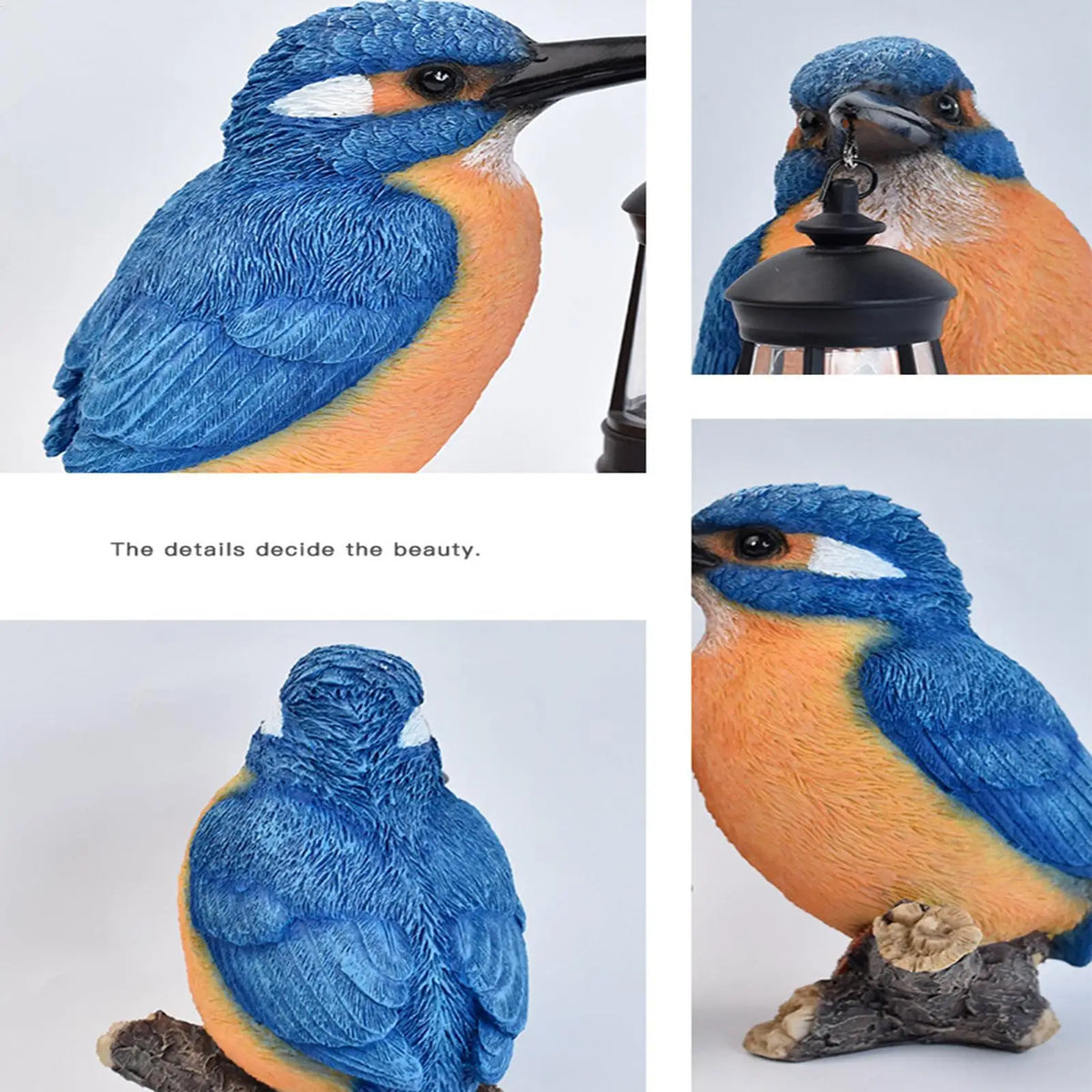 Solar Blue Kingfisher Garden Statue with Lantern | Outdoor Solar Garden Statue Qme