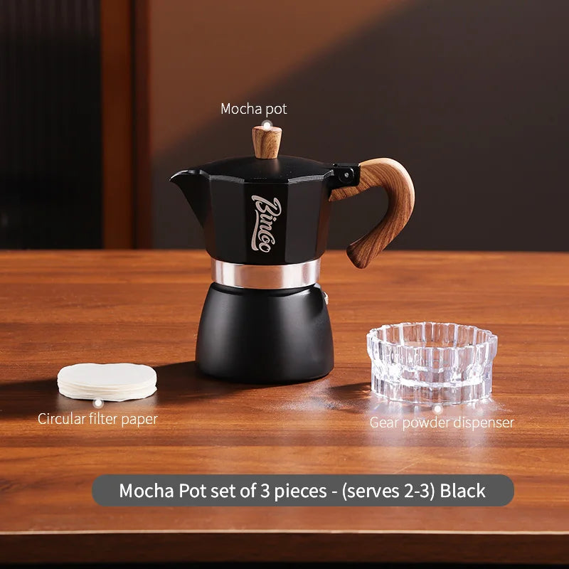 Bincoo Premium Moka Pot & Espresso Machine Set for Home Espresso Brewing Set Qst Black 3-cup 3pcs A