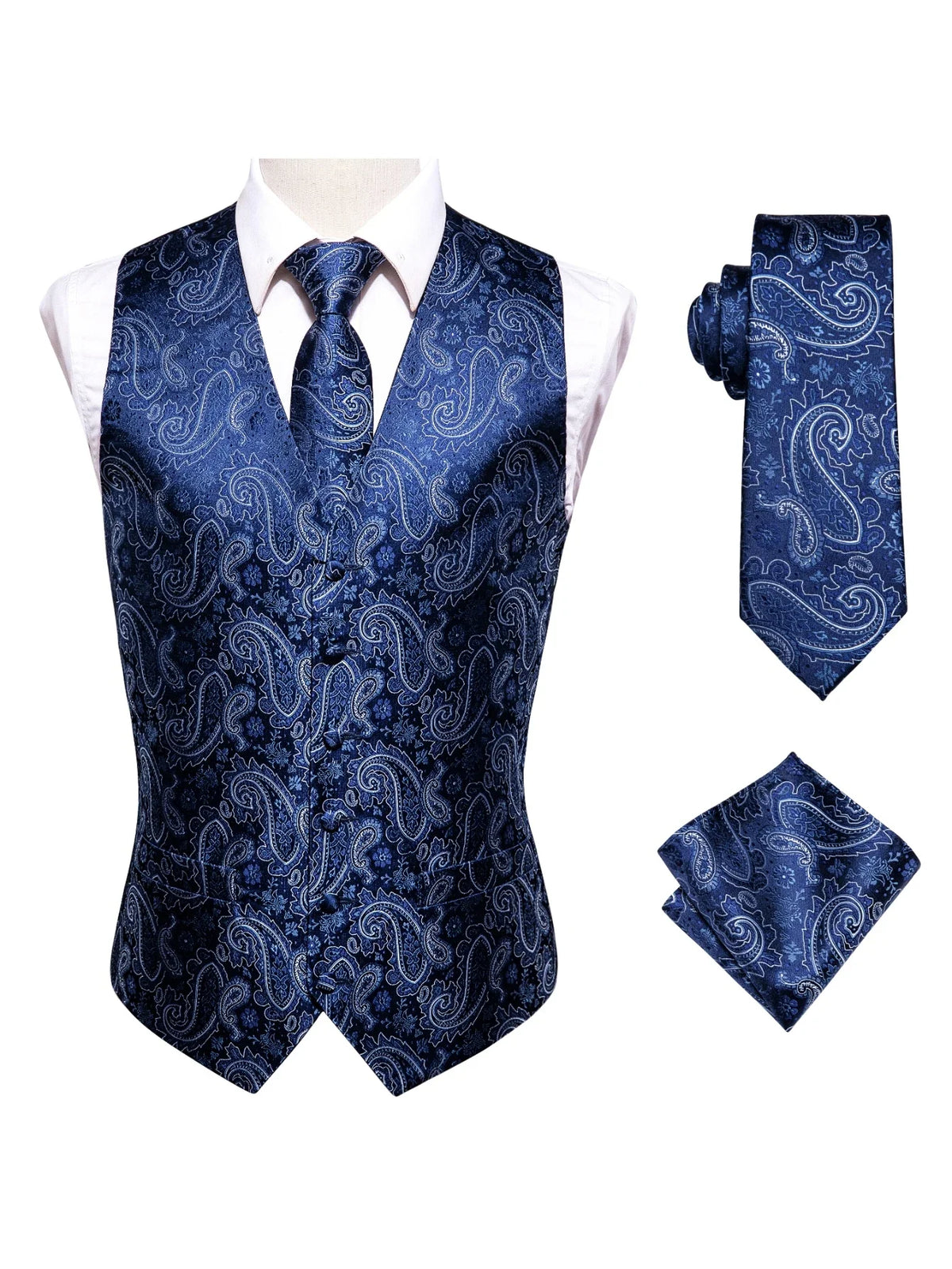 Men's Blue 3-Piece Vest Suit Set with Tie & Pocket Square Vest Suit Set Qme