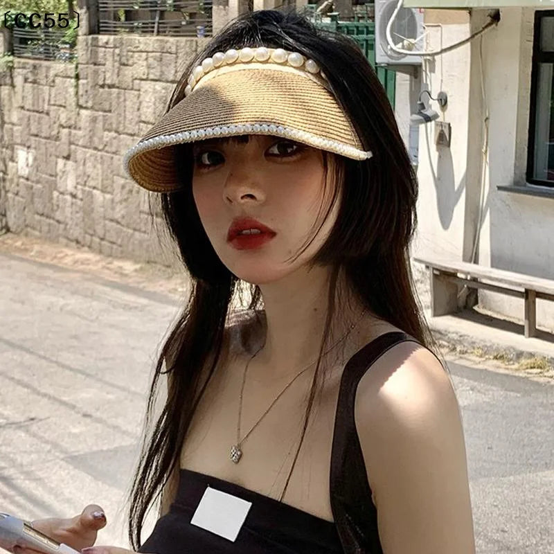 Women's Pearl Raffia Straw Beach Hat – Open Top Sun Hat Straw Sun Hat Qst