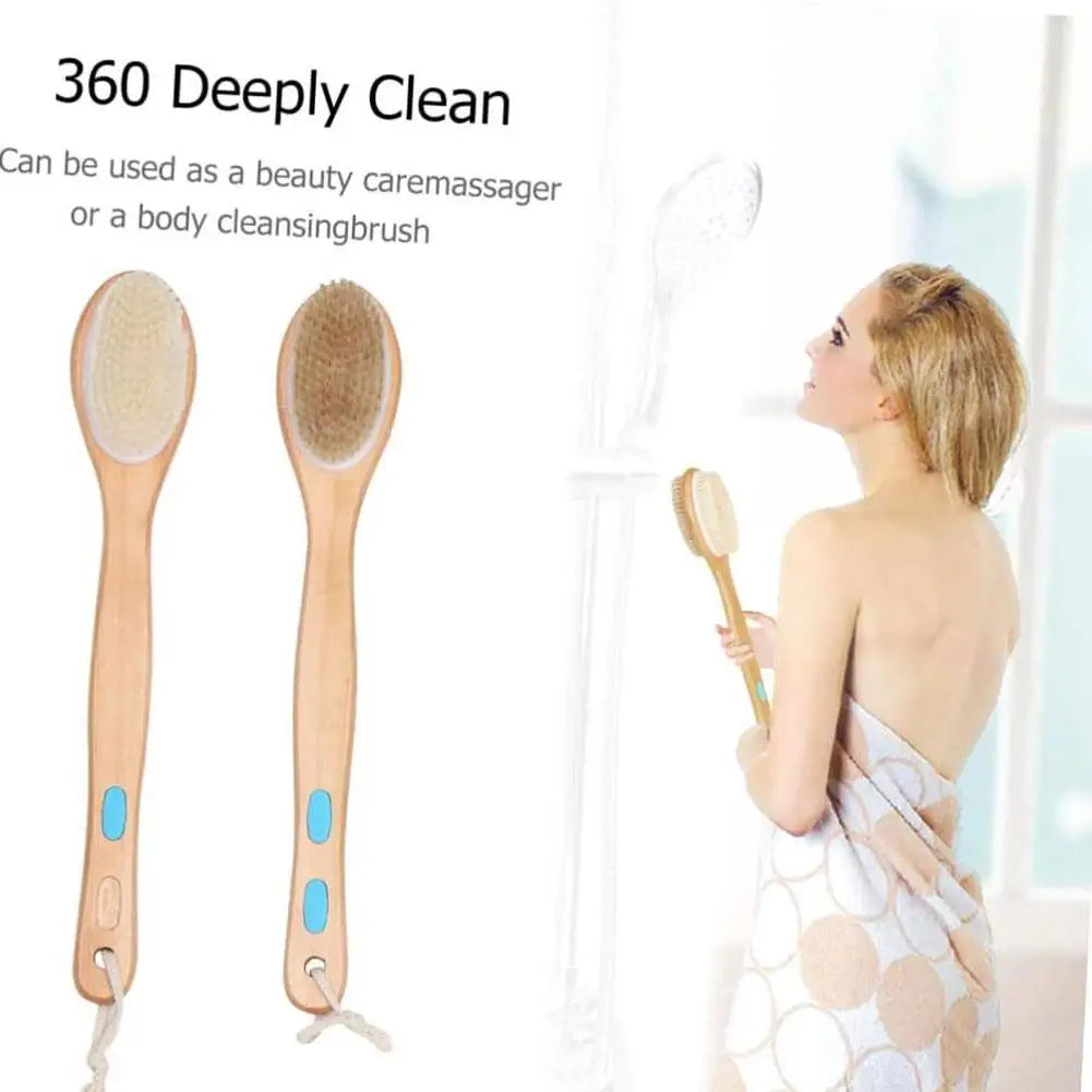 Bamboo Shower Brush – Soft & Stiff Bristles, Long Handle Bath Body Brush Qme