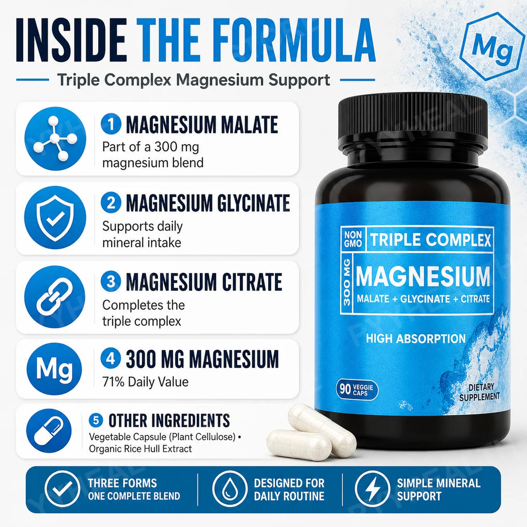 Triple Magnesium Complex 300mg – Malate Glycinate Citrate, 90 Caps Mineral Supplement Qst