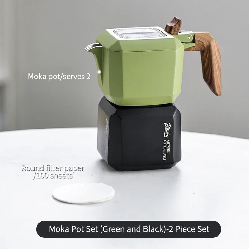 Bincoo Dual Valve Moka Pot Set with Hand Grinder & Filters Moka Pot Coffee Set Qst Green Black