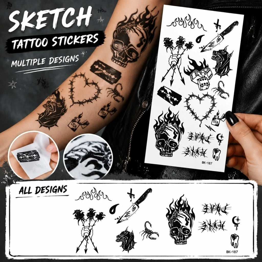 Ghoic Skull & Flower Temporary Tattoos – Sketch Body Art Temporary Tattoo Stickers Qme 1