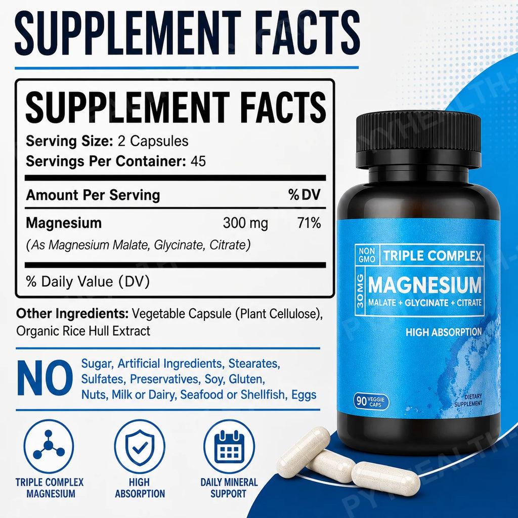 Triple Magnesium Complex 300mg – Malate Glycinate Citrate, 90 Caps Mineral Supplement Qst