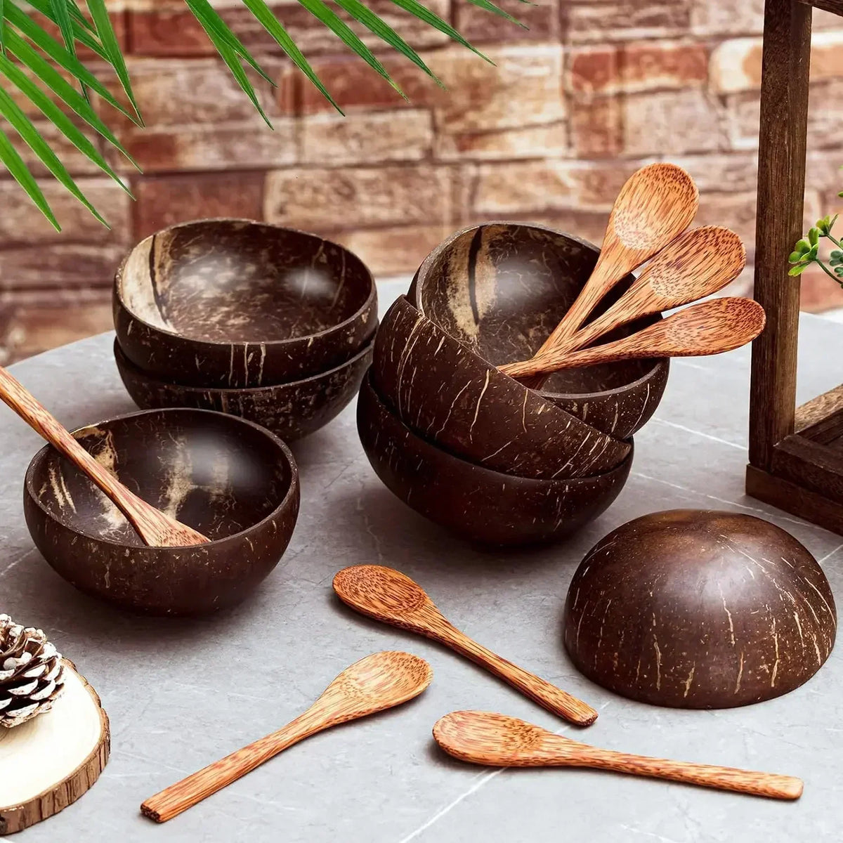 Natural Coconut Shell Bowl & Wooden Spoon Set | Polished Coconut Shell Bowl Set Qme
