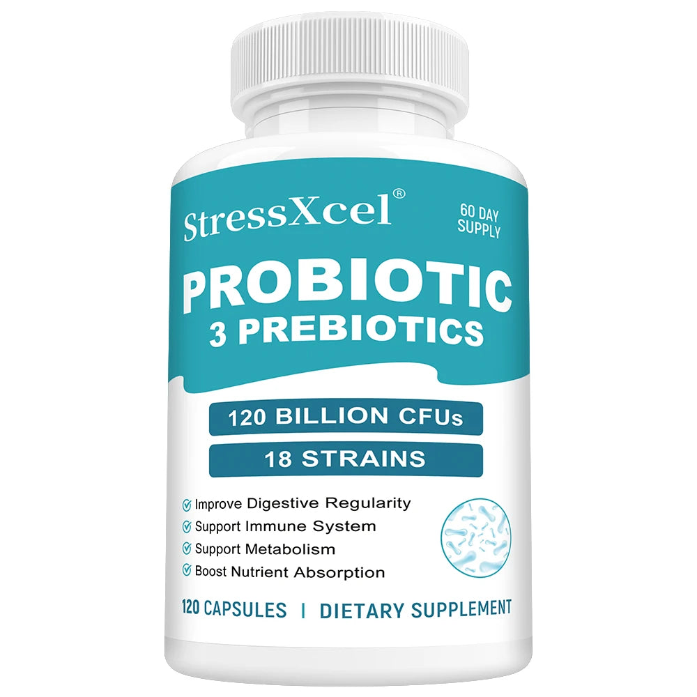 STRESSXCEL Probiotics & Prebiotics Capsules | Gut & Immune Support Probiotic Supplement Qst 120 count-1 bottle