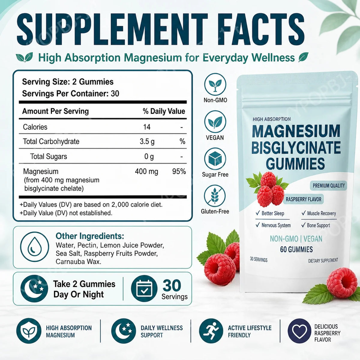 Magnesium Bisglycinate Gummies 400mg Sugar Free Raspberry 60ct Magnesium Supplement Qst