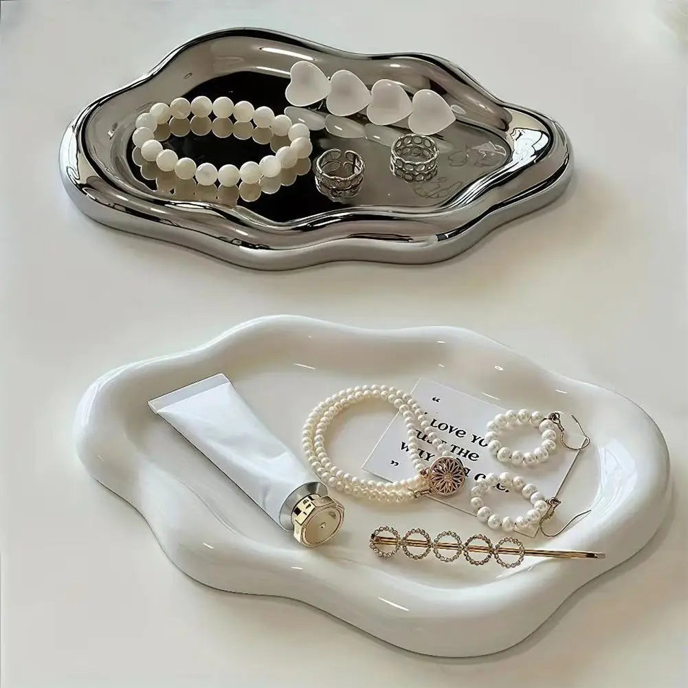 Decorative Metal Jewelry Storage Tray – White & Silver Jewelry Storage Tray Qme