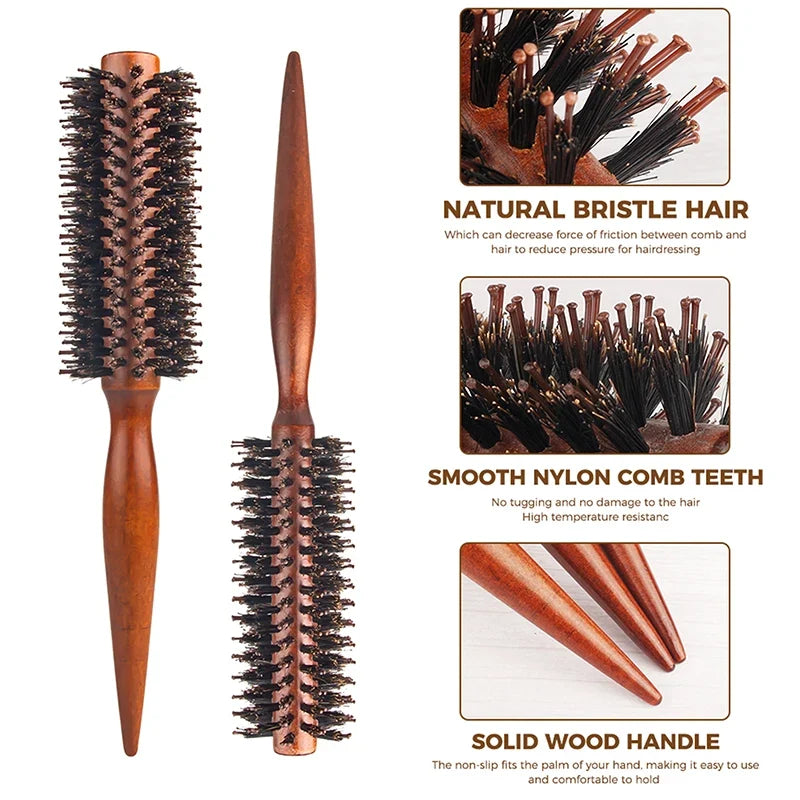 Anti-Static Boar Bristle Wood Round Hair Brush | Styling Round Hair Brush Qme