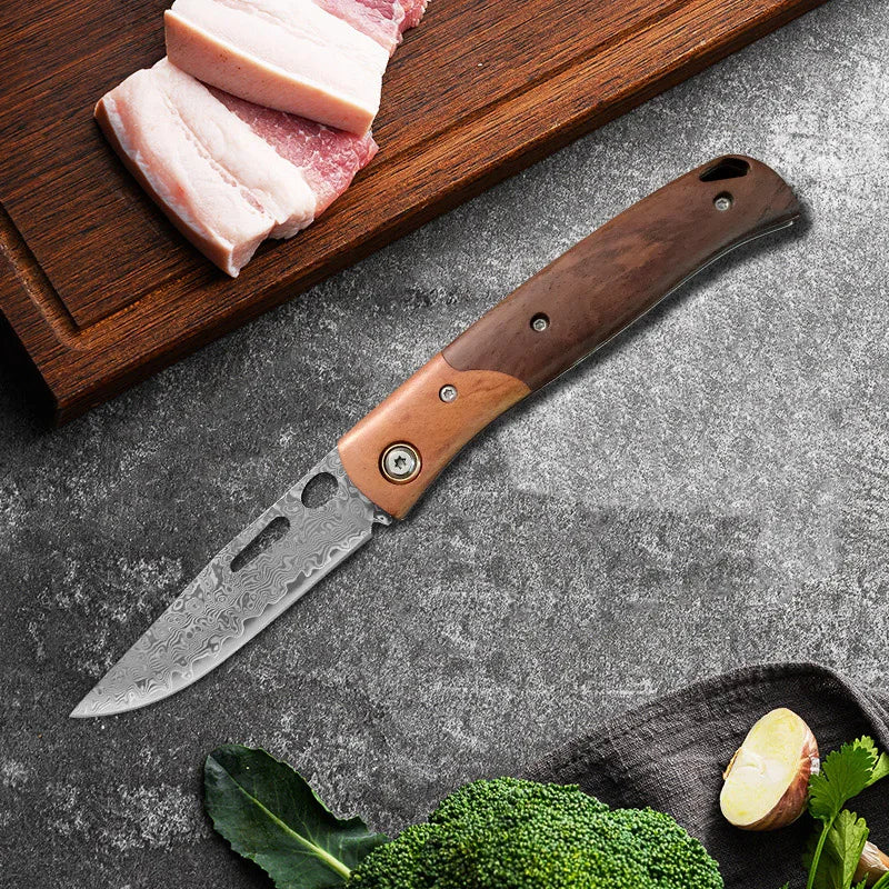 Damascus Steel Folding Pocket Knife – Wood Handle EDC Tool Folding Pocket Knife Qst